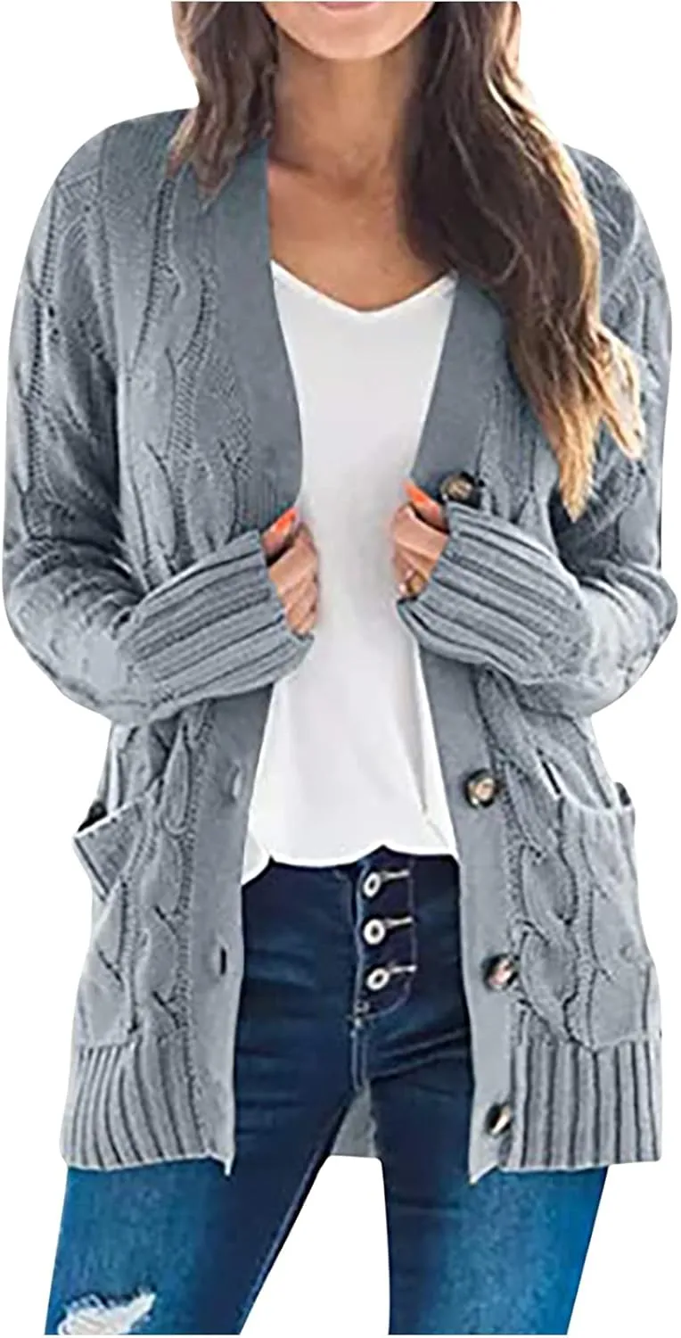 Chunky Cardigans For Women Casual Open Front Long Sleeve Cable Knit Fashion Button Casual Loose Sweaters Fall Outfits