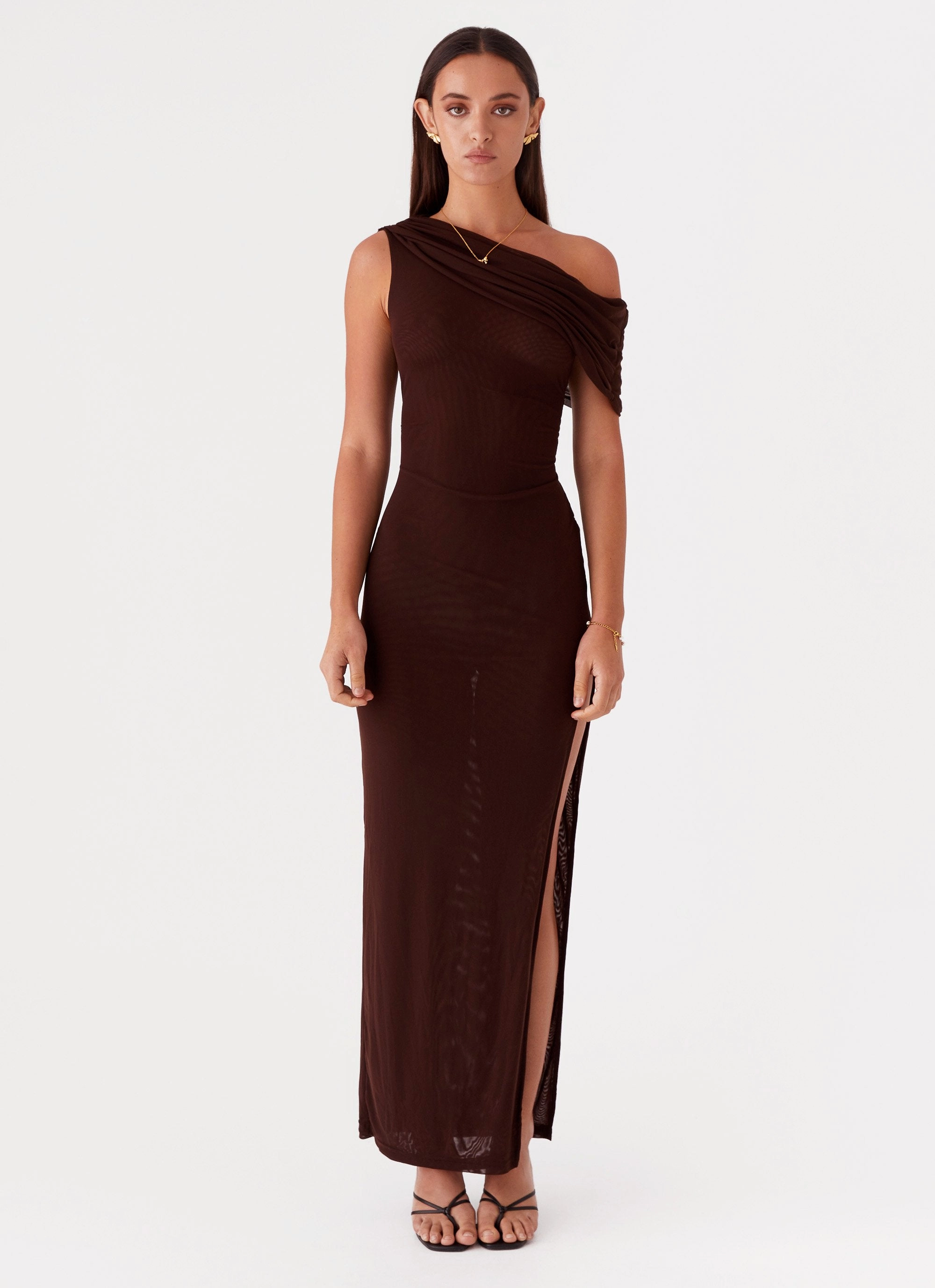 Ciara One Shoulder Draped Maxi Dress - Chocolate Color-Blocked Subtle Mood