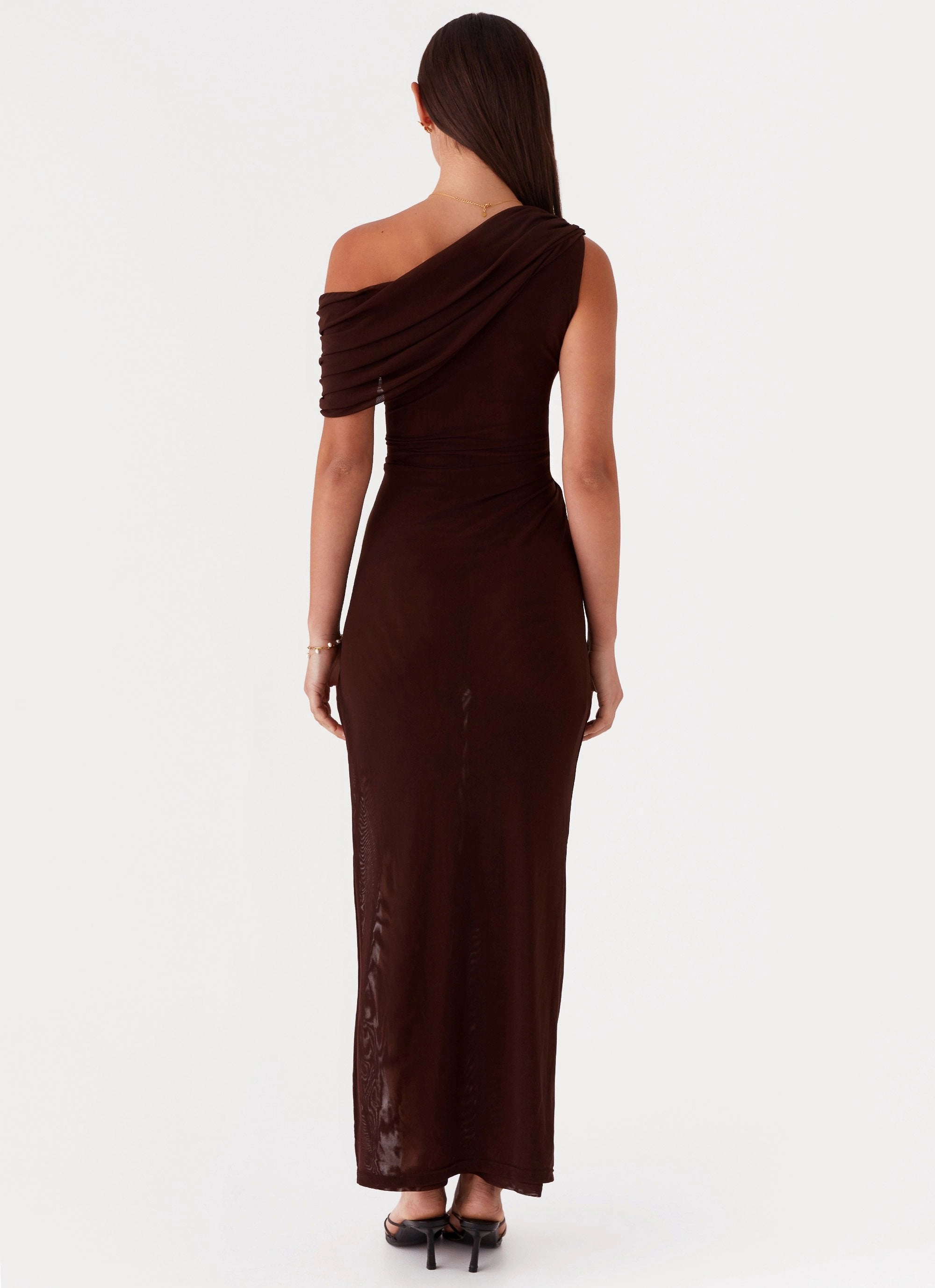 Evening Vibe Fresh Color Ciara One Shoulder Draped Maxi Dress - Chocolate