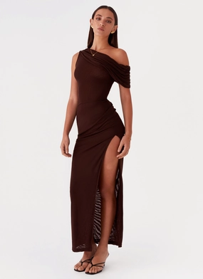 Ciara One Shoulder Draped Maxi Dress - Chocolate Satin Finish