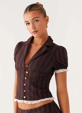 Non Restrictive Armholes Modular Layering System Bennett Button Up Top - Toffee Stripe