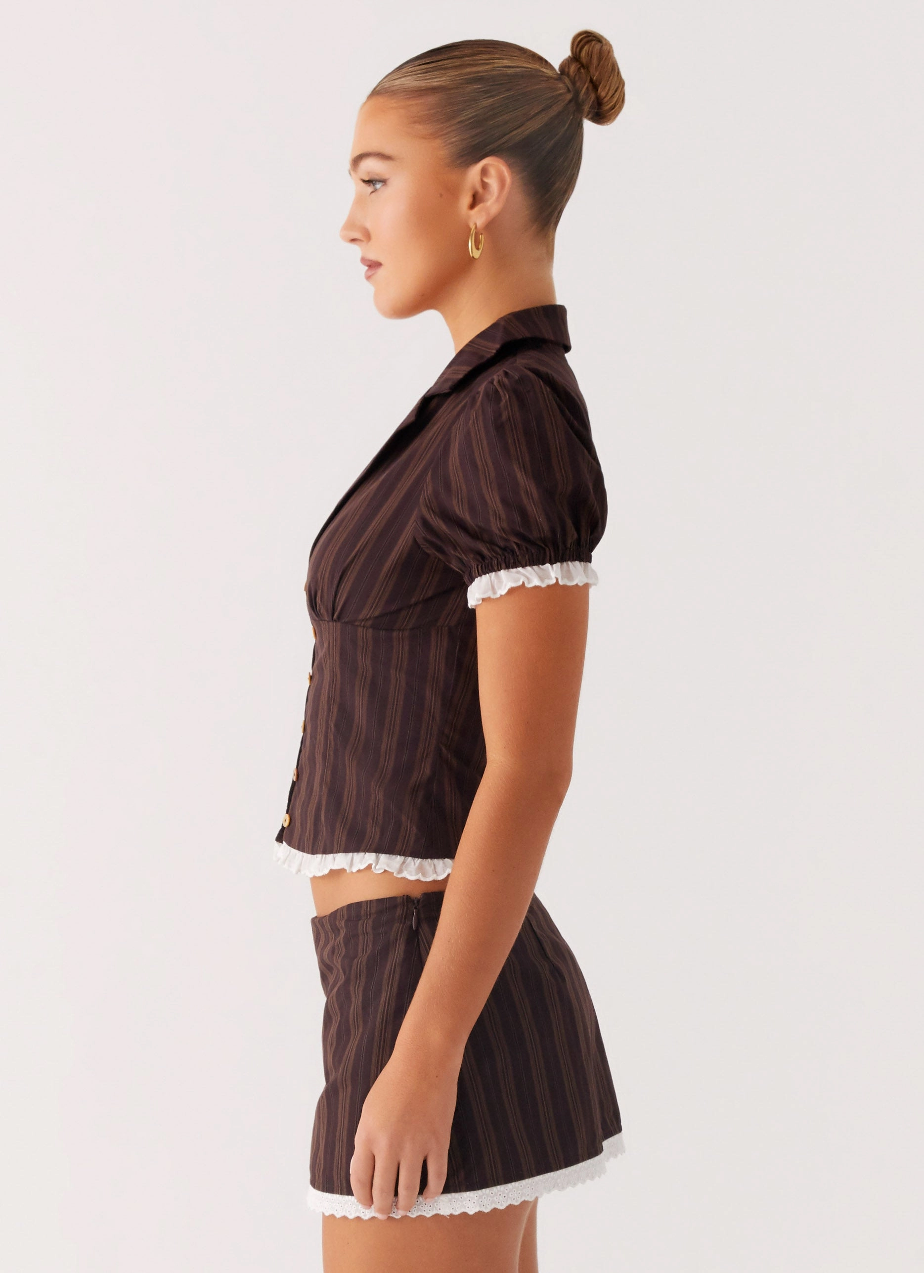Bennett Button Up Top - Toffee Stripe Elastic Binding Polished Casual