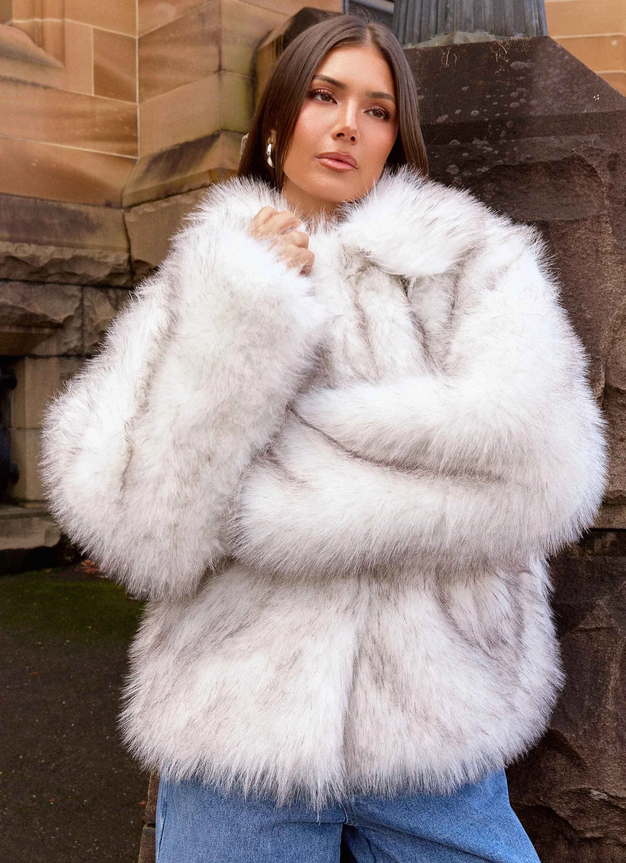Novera Faux Fur Jacket - White Grey Travel Ready On Duty Layer