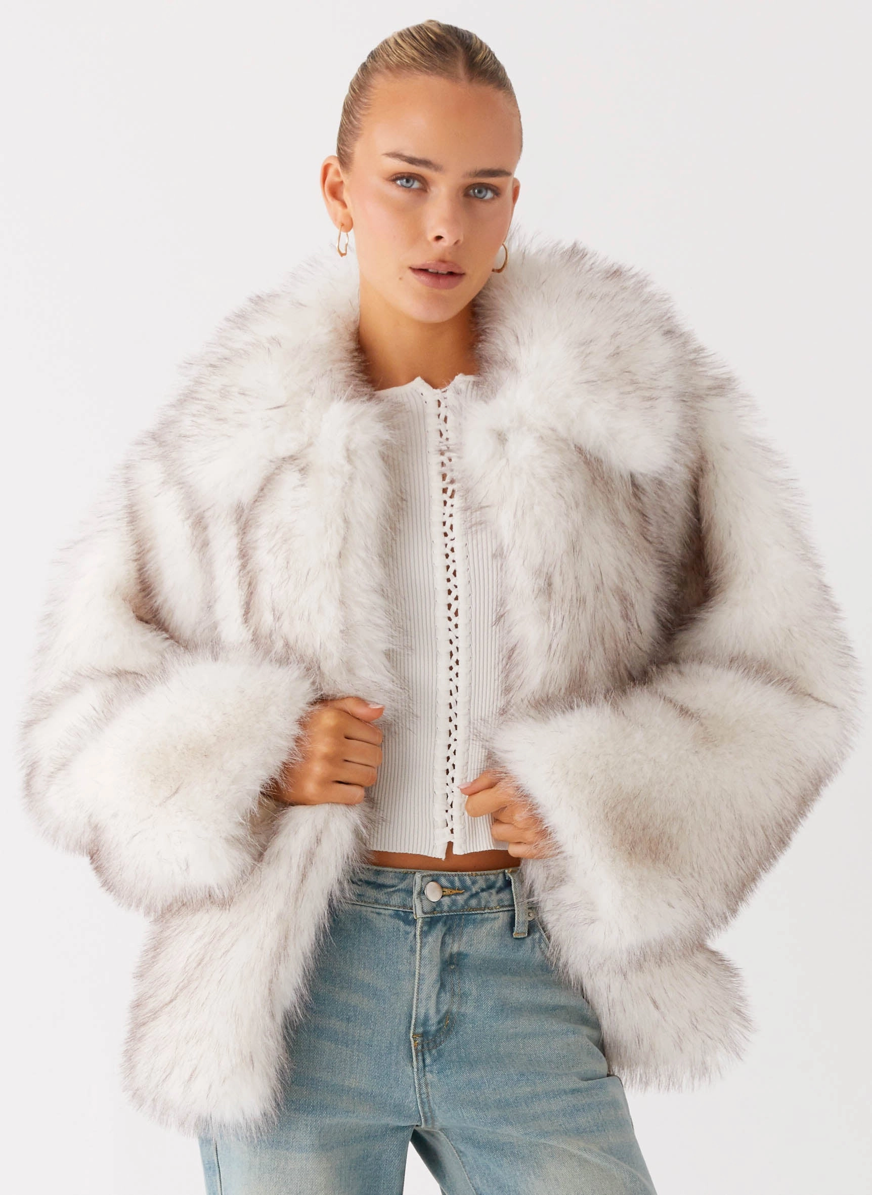 Vegan Leather Accents Detachable Layers Novera Faux Fur Jacket - White Grey