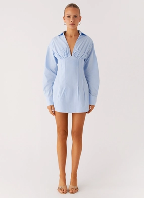 Clancy Mini Shirt Dress - Blue Care-Instructions-Included Modest Light