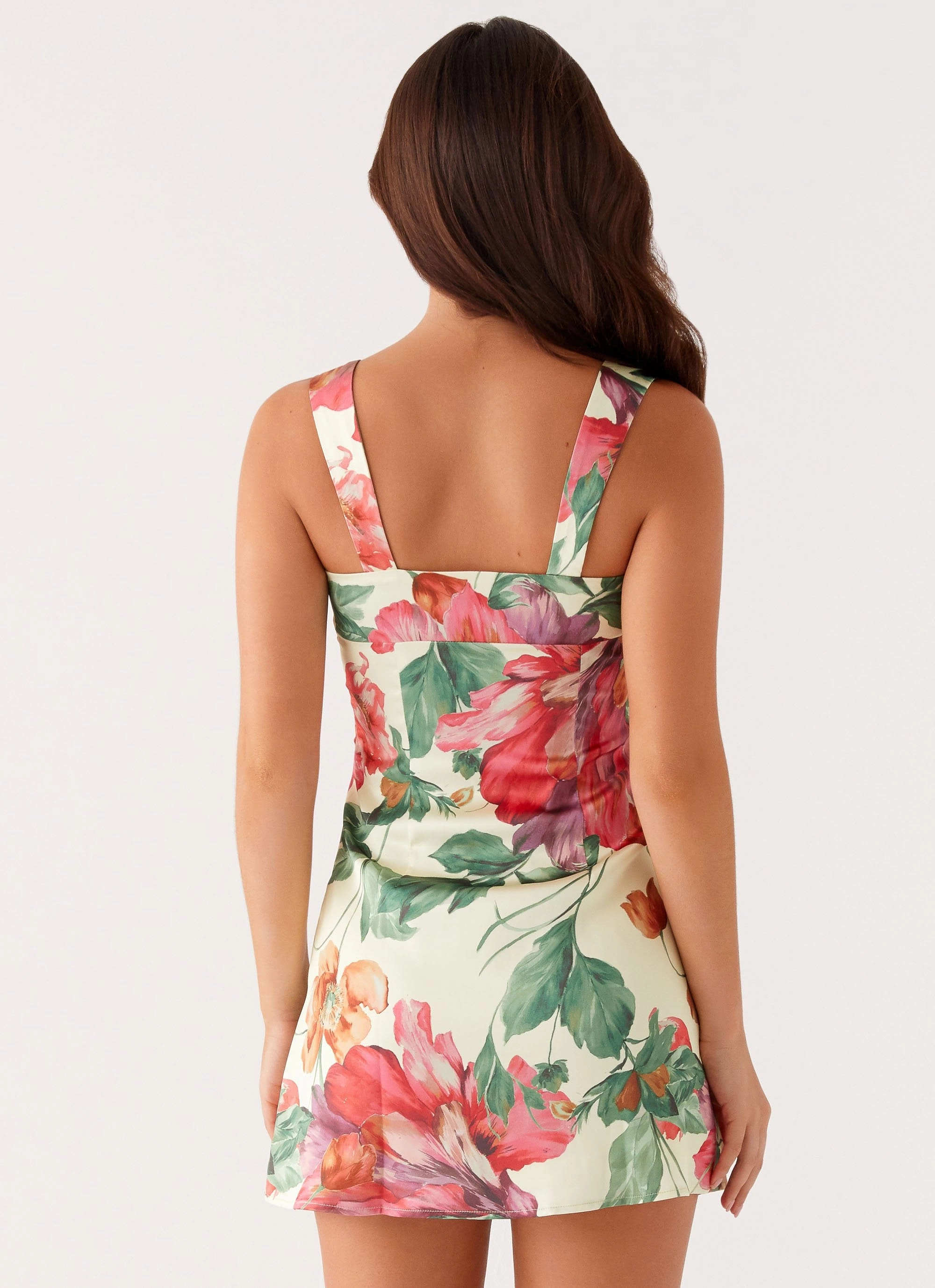 Odette Satin Mini Dress - Yellow Floral A-Line Tasteful Detail