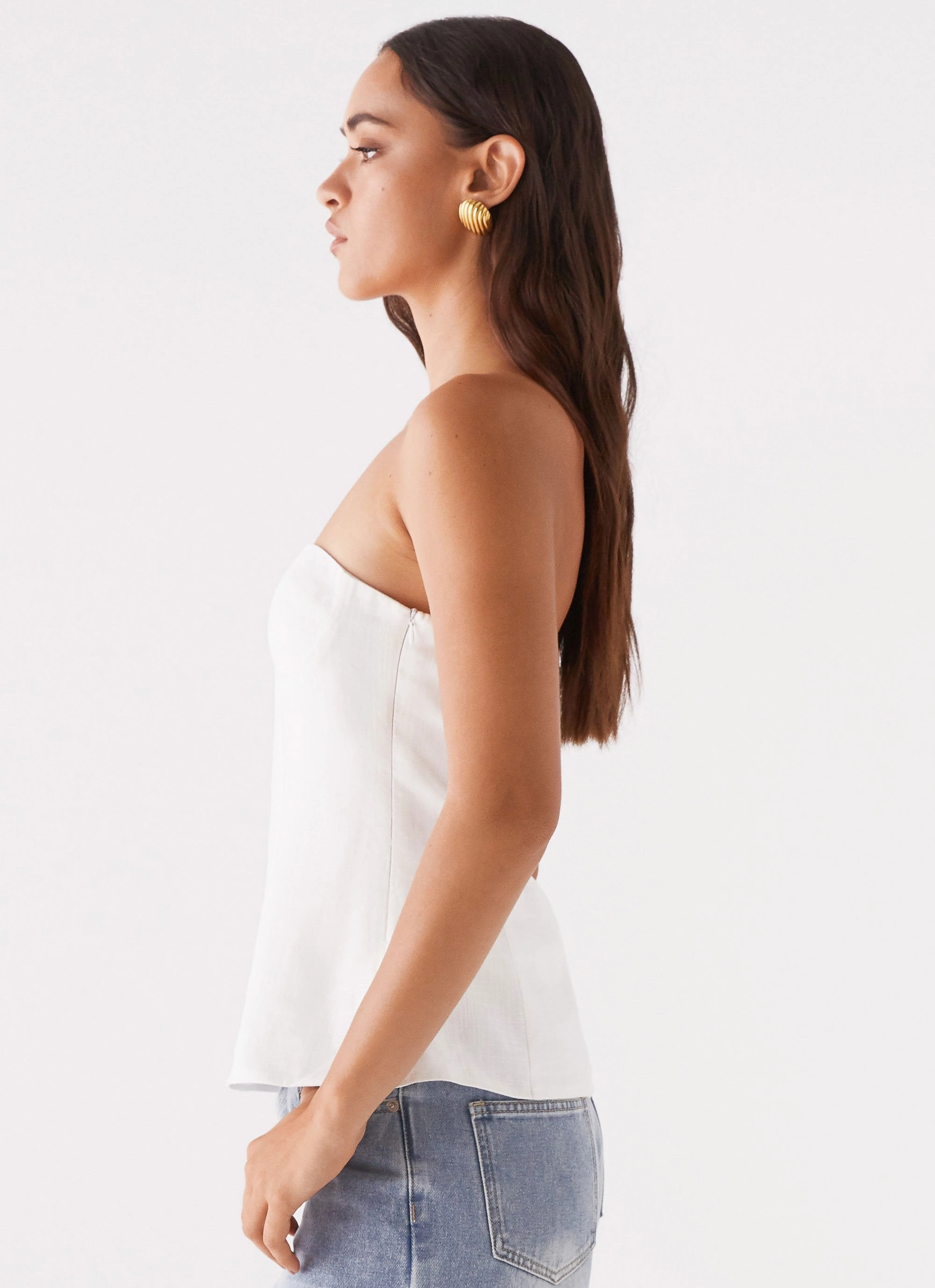 Double Needle Hemming Rennie Linen Bustier Top - White