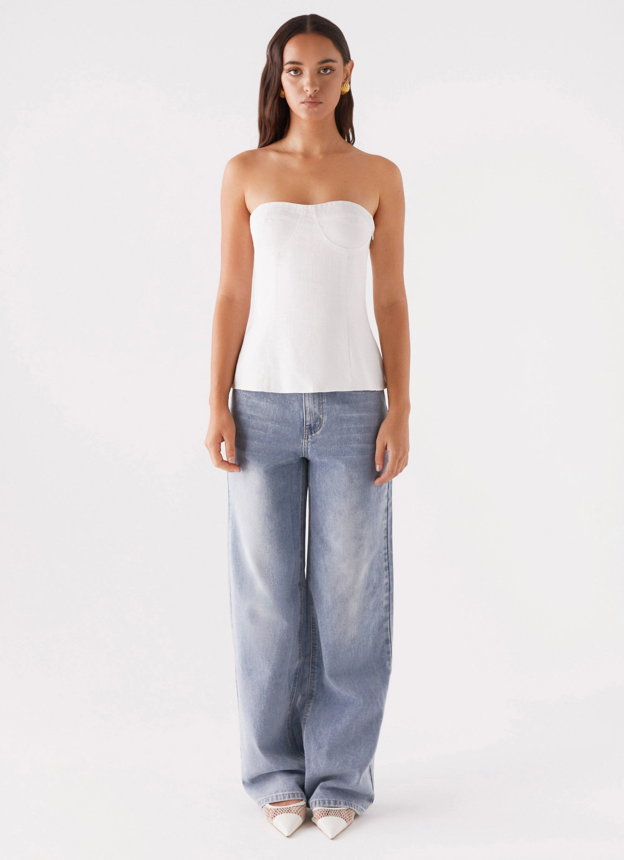 ConvertibleCollar NoiseReduciting Zipper Rennie Linen Bustier Top - White