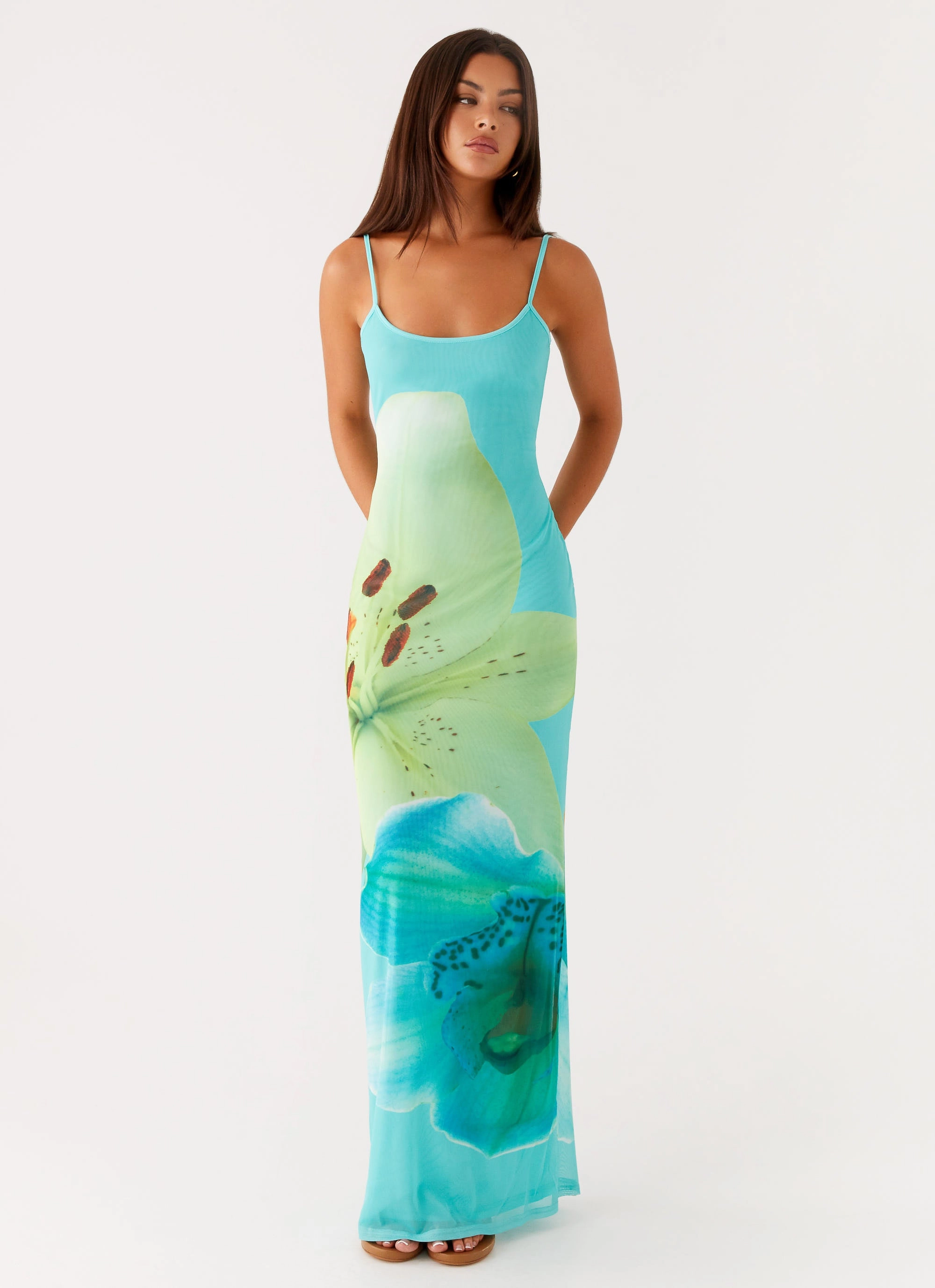 Bad News Mesh Maxi Dress - Turquoise Floral Perfect Length Timeless slip dress