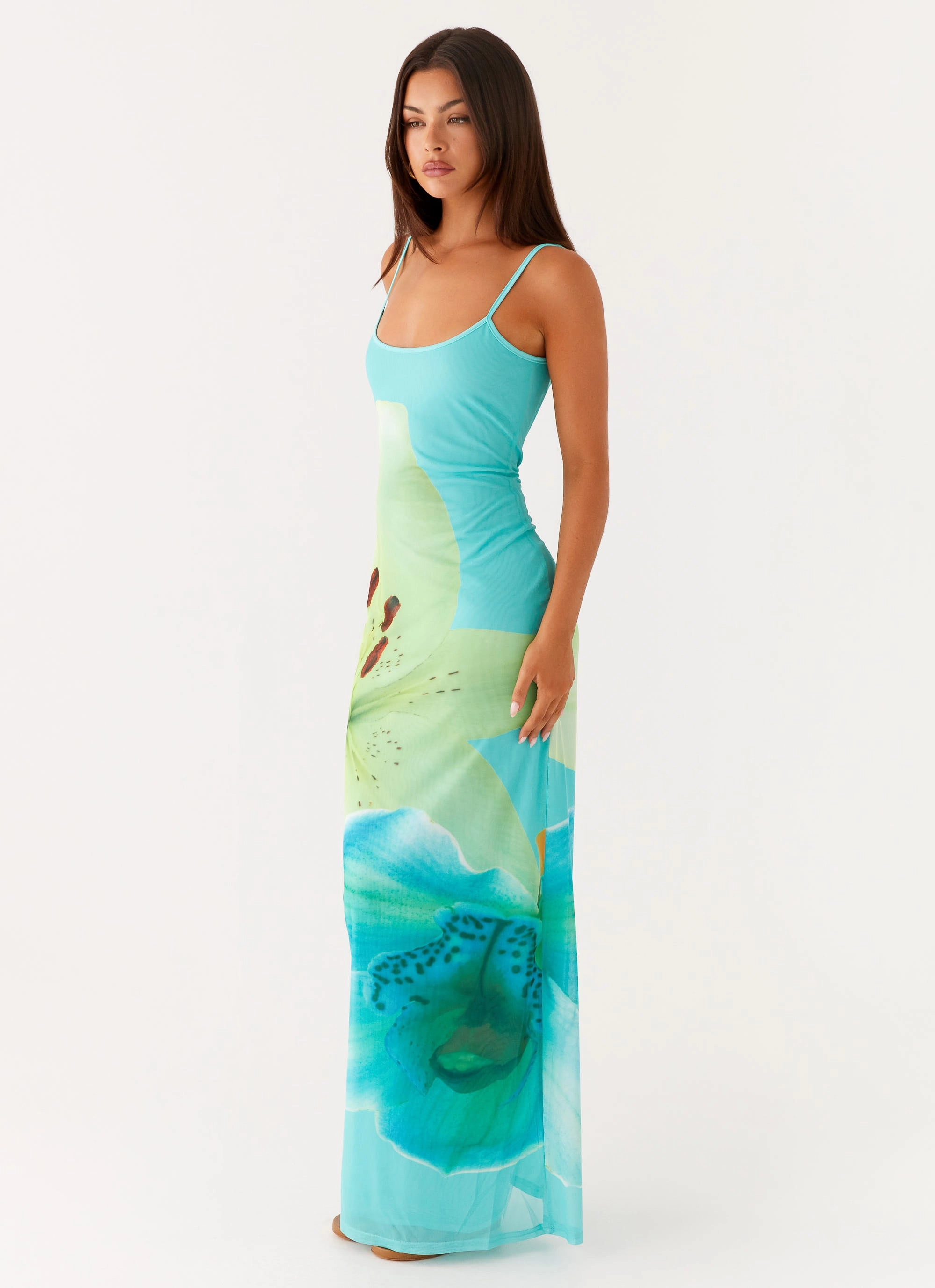 Bad News Mesh Maxi Dress - Turquoise Floral light layering Flattering Shape