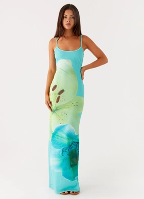 Dreamy Simplicity Bad News Mesh Maxi Dress - Turquoise Floral