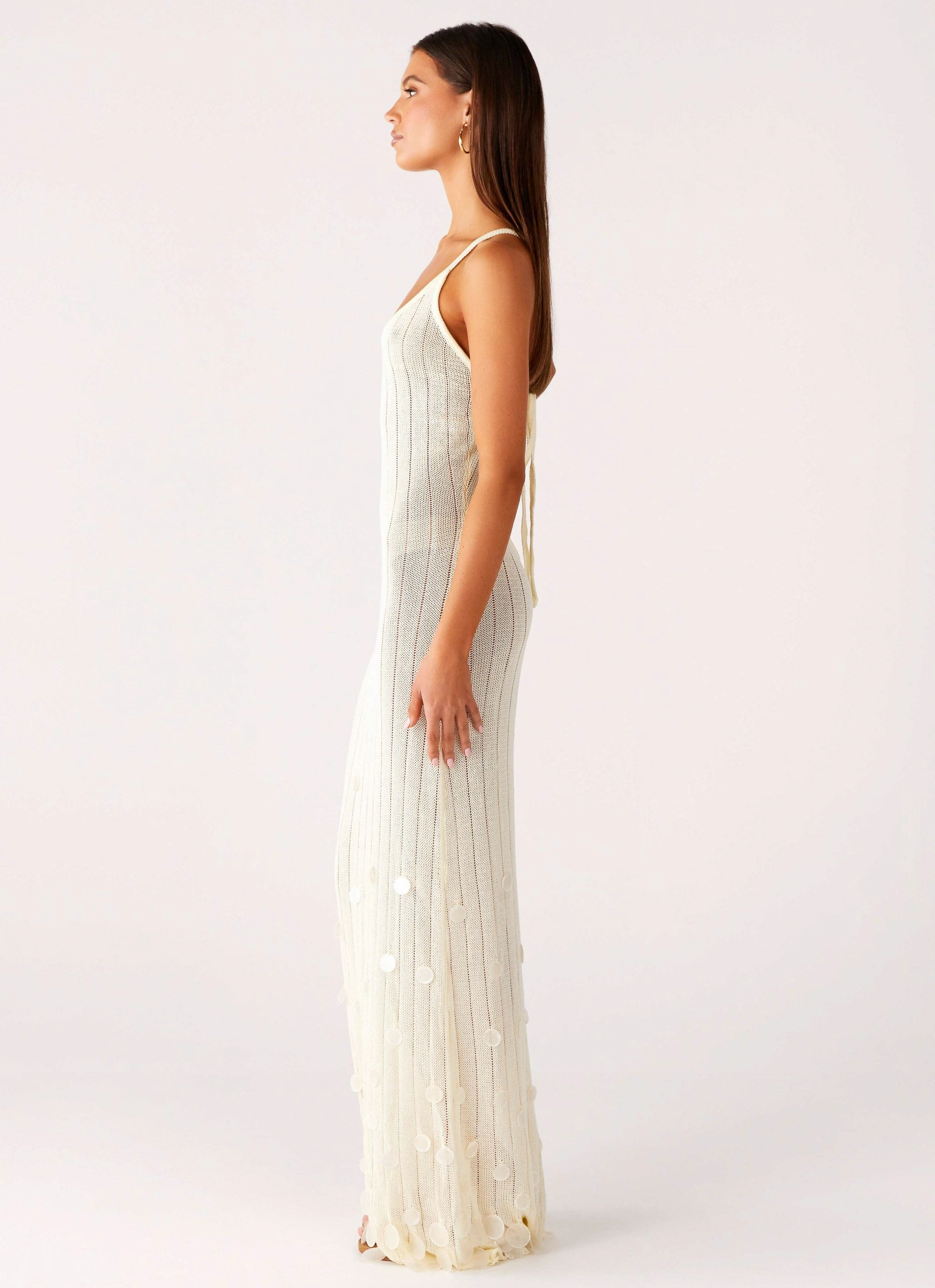 Cap-Sleeve Gathered Skirt Siren Song Crochet Maxi Dress - Ivory