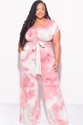 Final Sale Plus Size 2pc Short Sleeve Tie Top and Pants Set in Mauve and Grey Tie Dye Print Trail Comfort Day-to-Day Wear