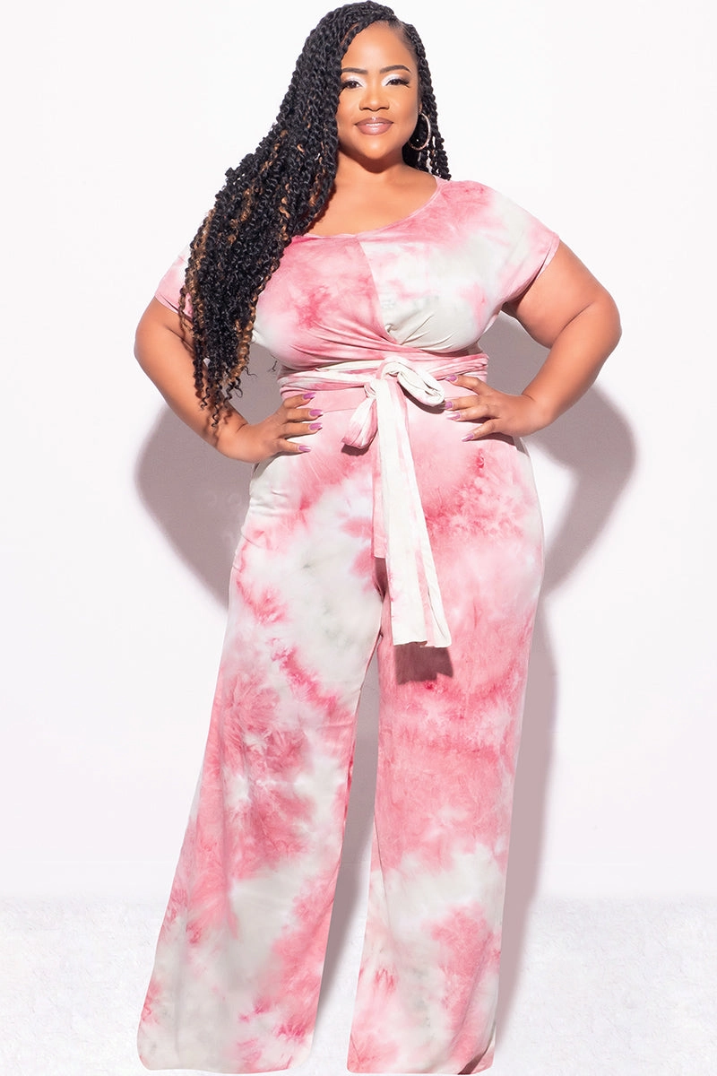 Minimal Design Stretch Motion Final Sale Plus Size 2pc Short Sleeve Tie Top and Pants Set in Mauve and Grey Tie Dye Print