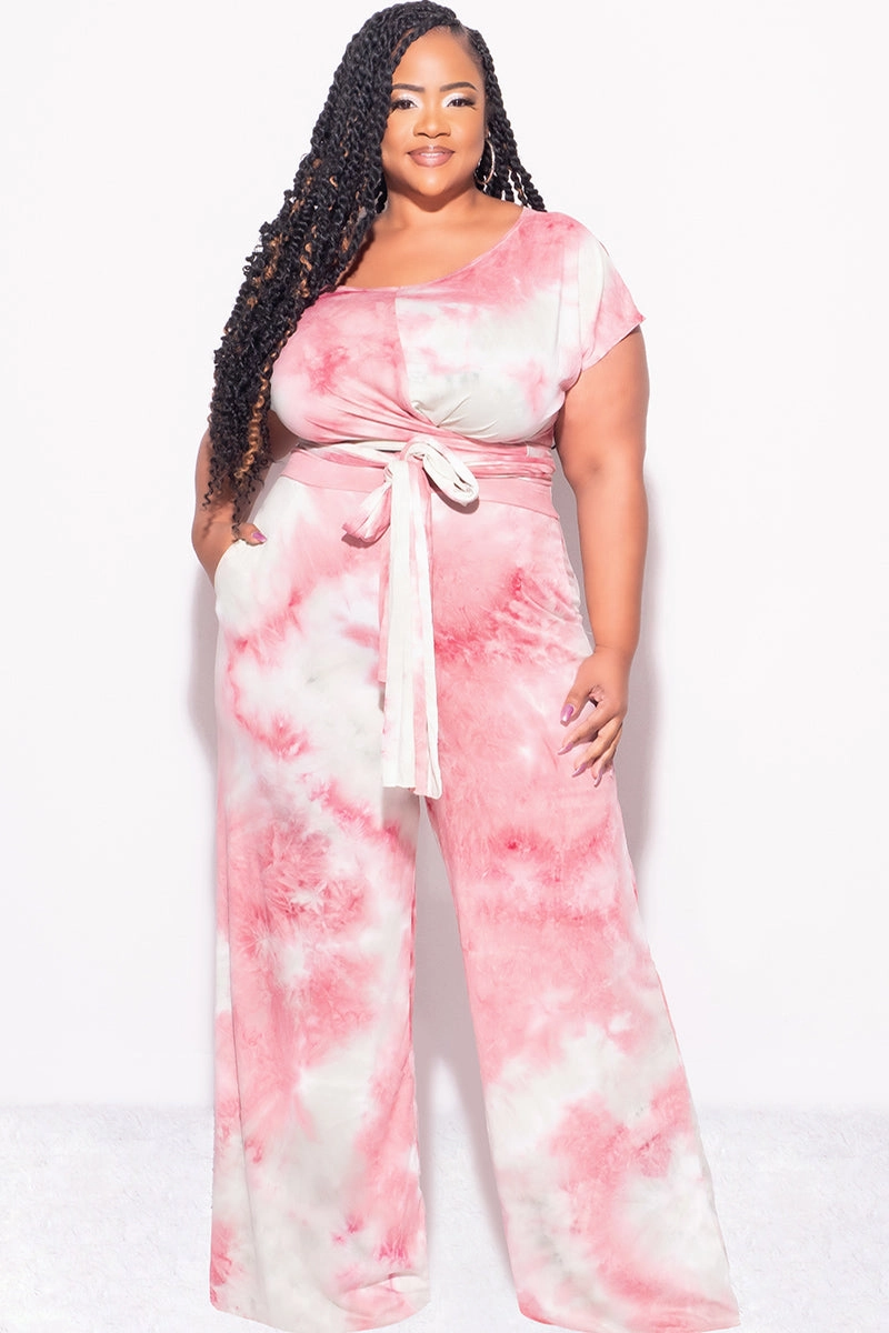 Final Sale Plus Size 2pc Short Sleeve Tie Top and Pants Set in Mauve and Grey Tie Dye Print Trail Comfort Day-to-Day Wear