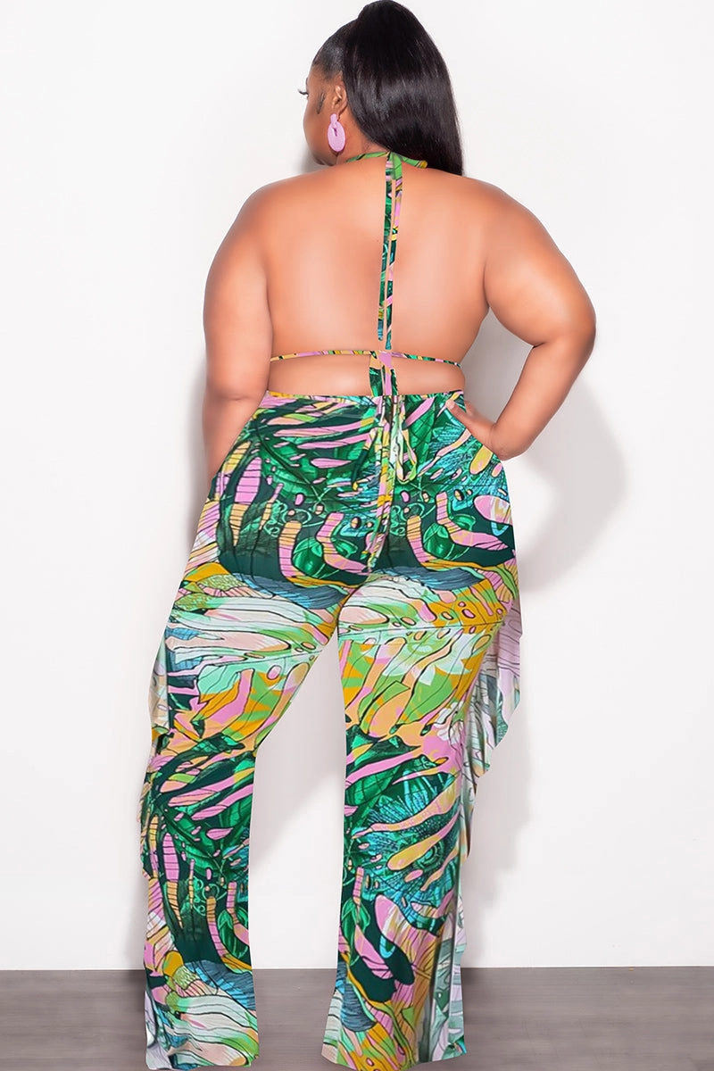 StaticResistantMaterial Final Sale Plus Size 3pc Poolside Playsuit (Bikini Top, High Waist Bottoms & Pants) Set in Pink & Green Print