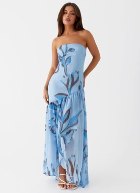 Solaris Strapless Maxi Dress - Blue Floral Light Aesthetic
