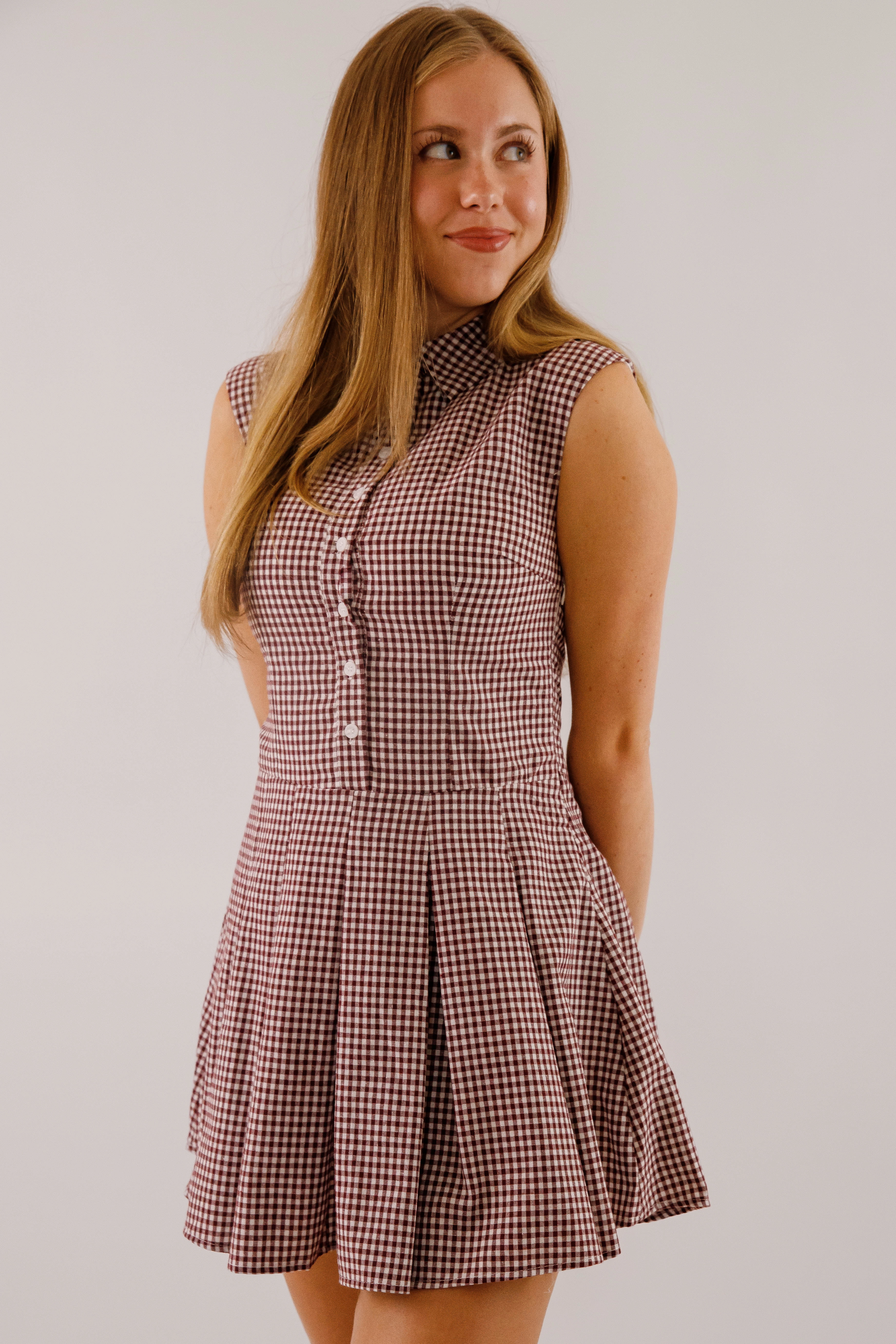 Not In My Nature Dress-Maroon Gingham Romantic Soft