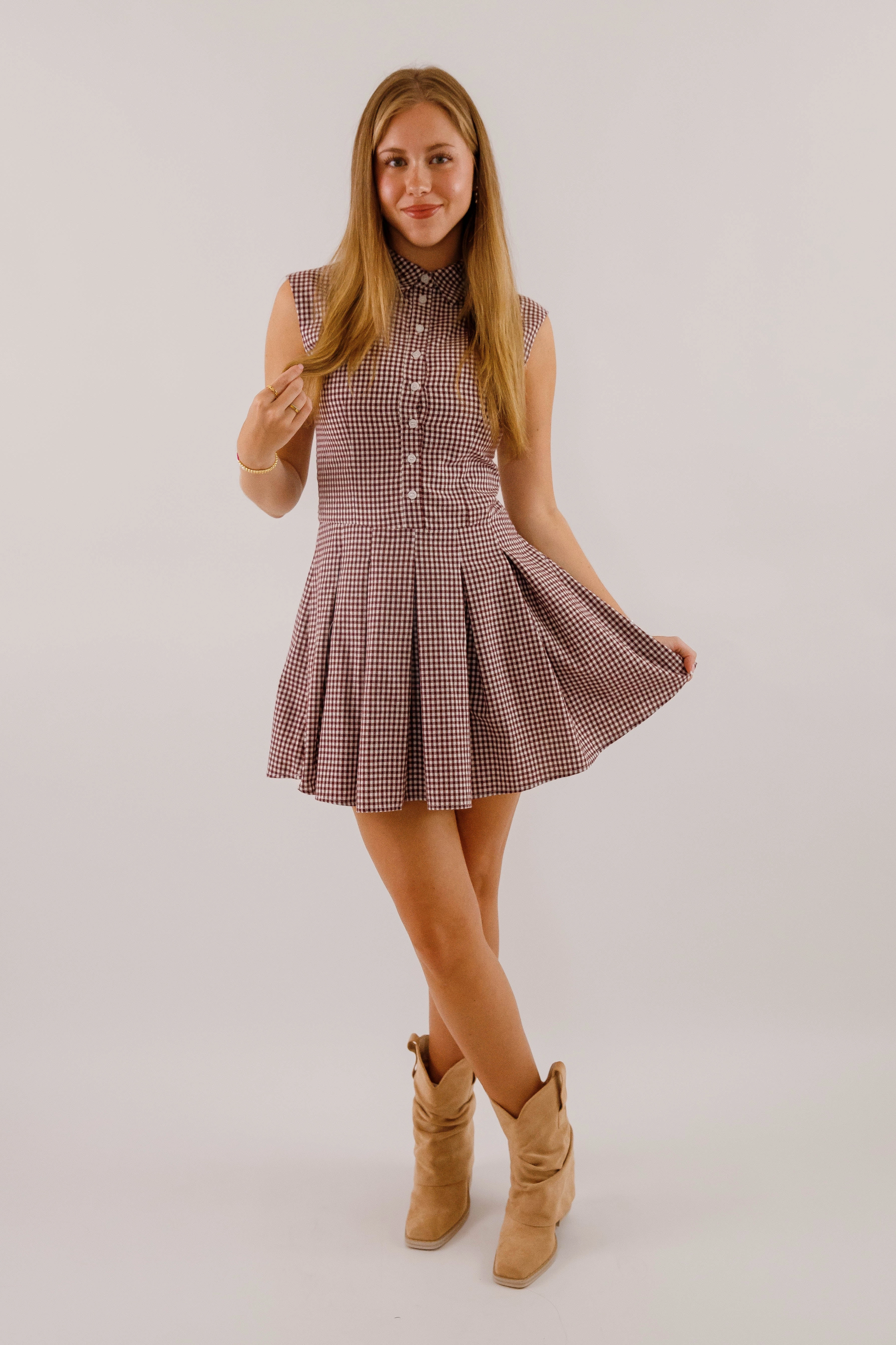 Not In My Nature Dress-Maroon Gingham Photo Glow