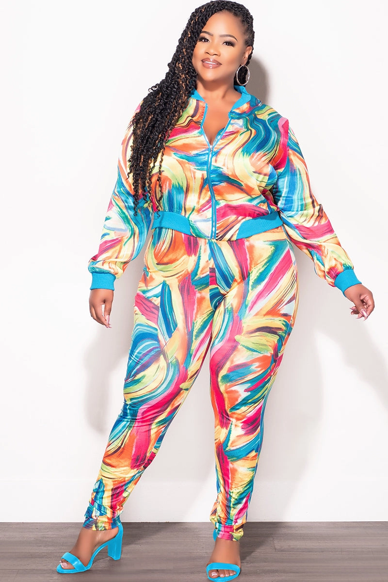 Final Sale Plus Size 2pc Cropped Satin Zip-Up Jacket and Pants Set in Multi Color Swirl Print Day Adventure Lightweight Fabric