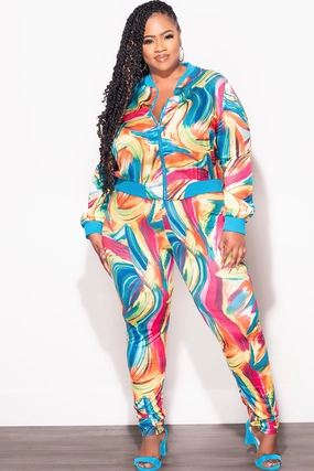 Final Sale Plus Size 2pc Cropped Satin Zip-Up Jacket and Pants Set in Multi Color Swirl Print Casual Fit Design Cozy Waist