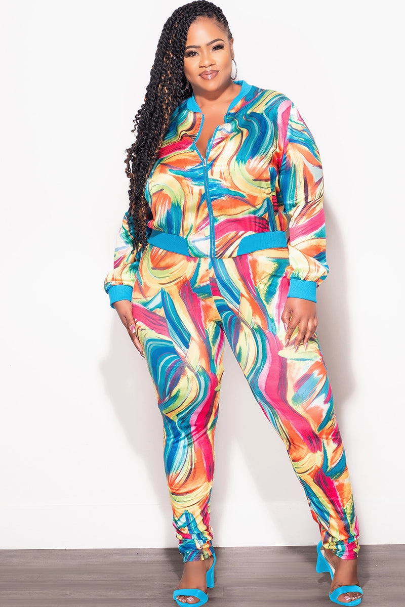 Final Sale Plus Size 2pc Cropped Satin Zip-Up Jacket and Pants Set in Multi Color Swirl Print Casual Fit Design Cozy Waist