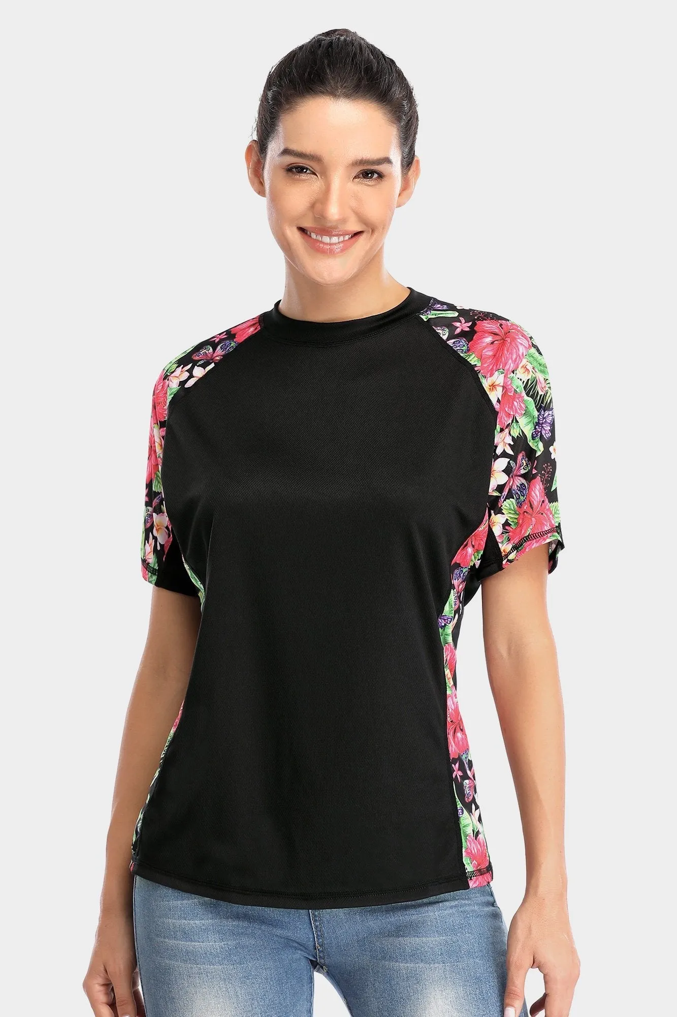 Clearance | Attraco Women's Floral UPF 50  Short Sleeve Rash Guard Swim Shirt