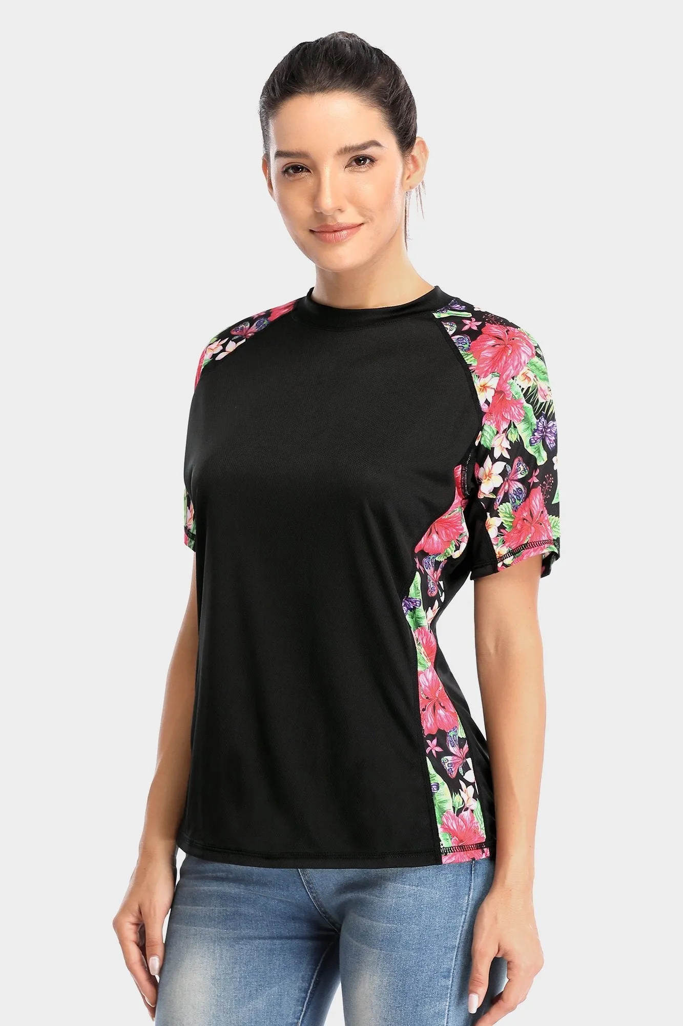 Clearance | Attraco Women's Floral UPF 50  Short Sleeve Rash Guard Swim Shirt
