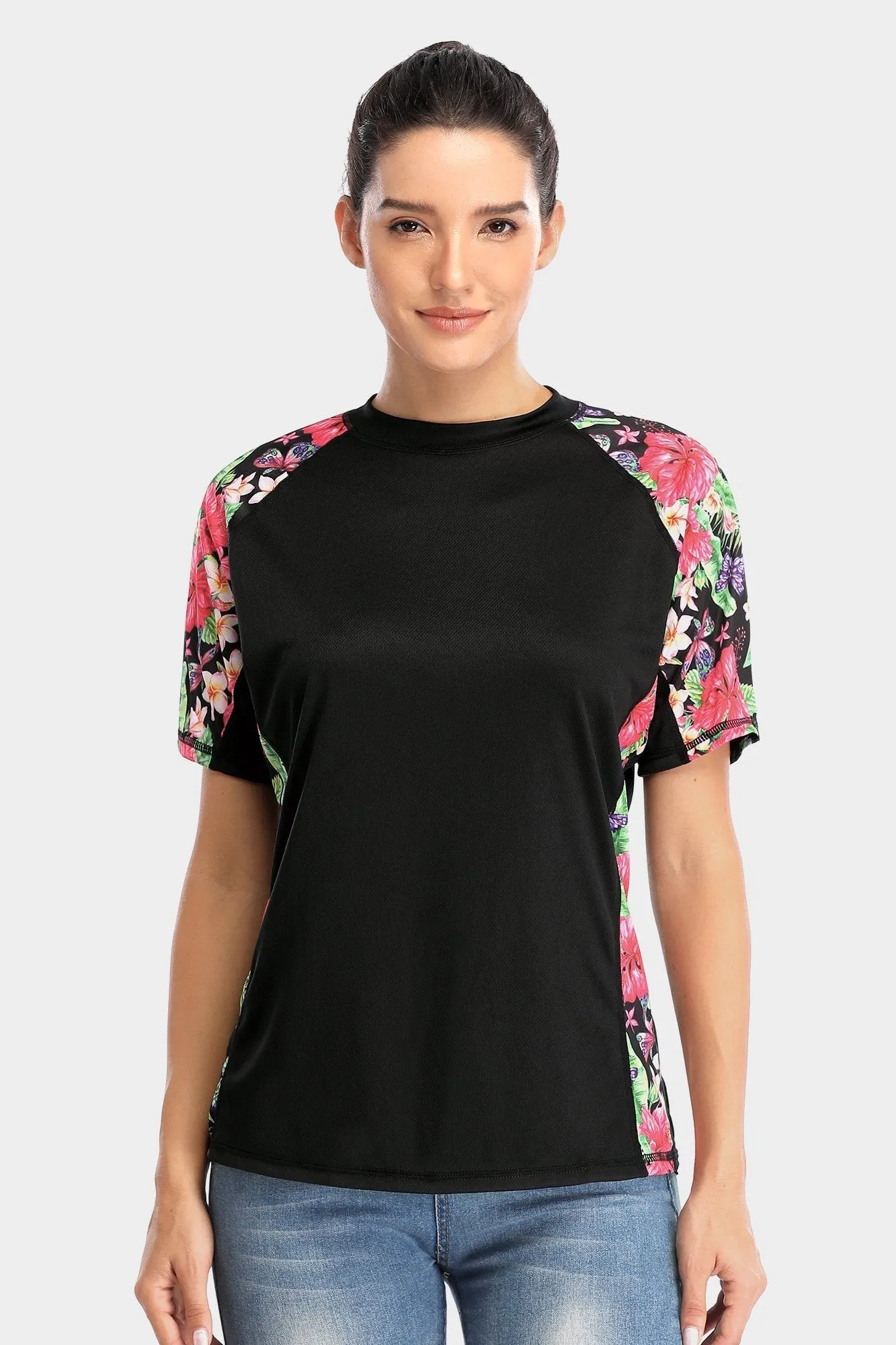 Clearance | Attraco Women's Floral UPF 50  Short Sleeve Rash Guard Swim Shirt