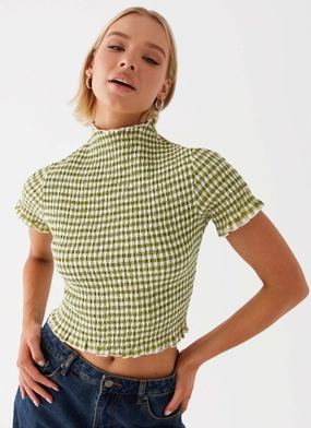Ribbed collar YarnDyedQuality Cleo Tee - Khaki Gingham
