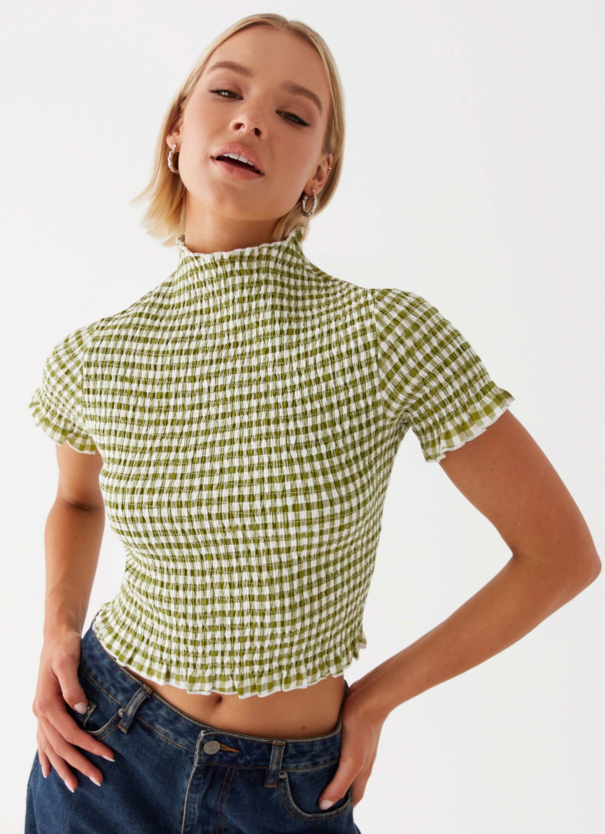Ribbed collar YarnDyedQuality Cleo Tee - Khaki Gingham
