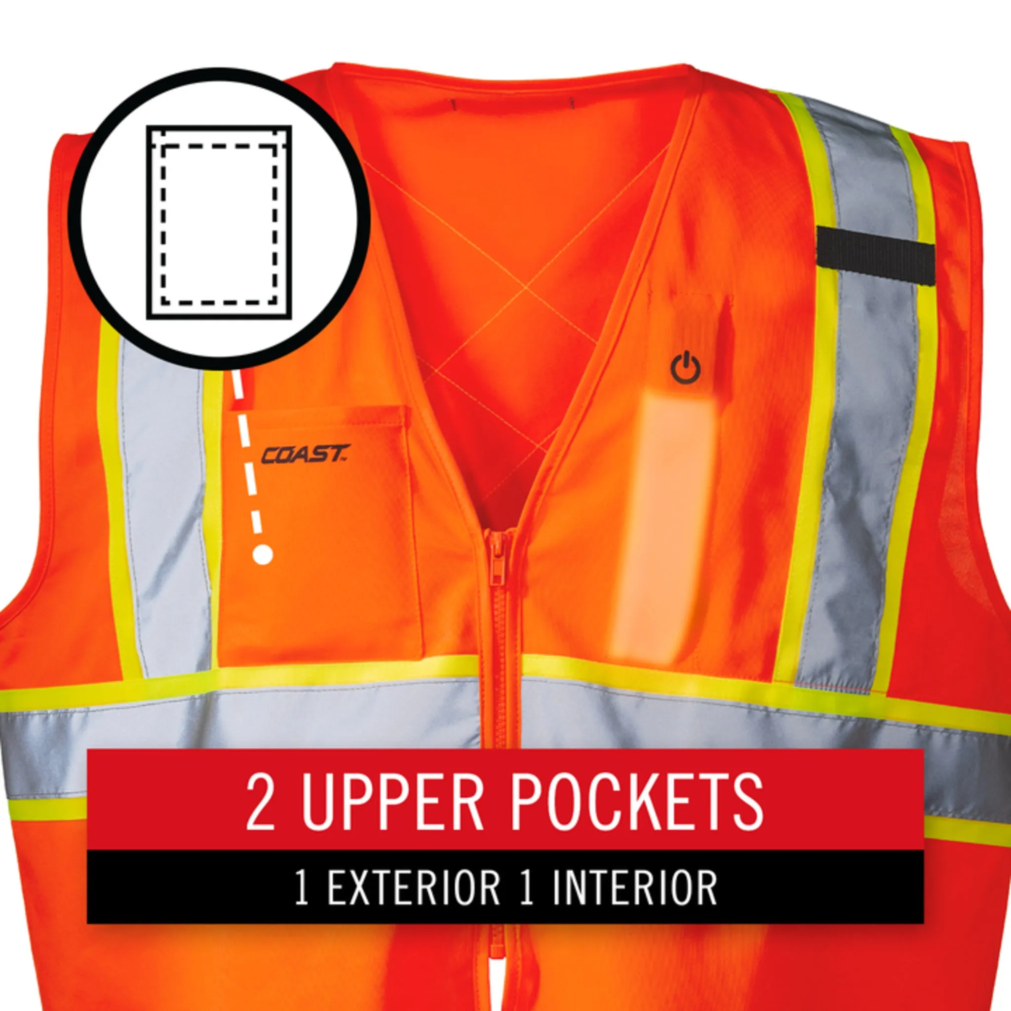 Coast® SV350 Hi-Vis X-Back Lighted Safety Vest - ANSI Class 2, Rechargeable LED Strip, Dual Light Modes, Reflective Tape, Multiple Pockets