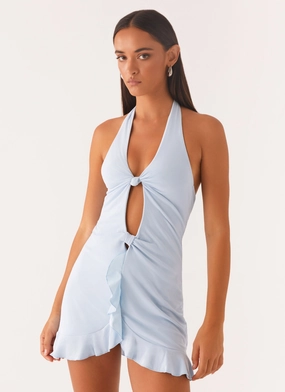 Colette Mini Dress - Pastel Blue Asymmetric-Neck