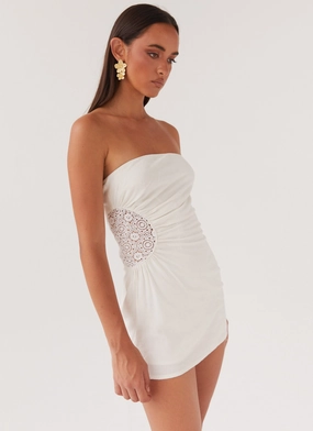 High-Fashion Contrasting Detail Palm Island Tube Mini Dress - White