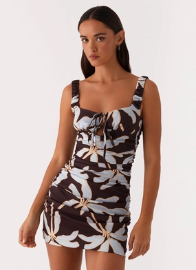 Drawstring-Closure Sweet Melody Ruched Mini Dress - Opulent Brown