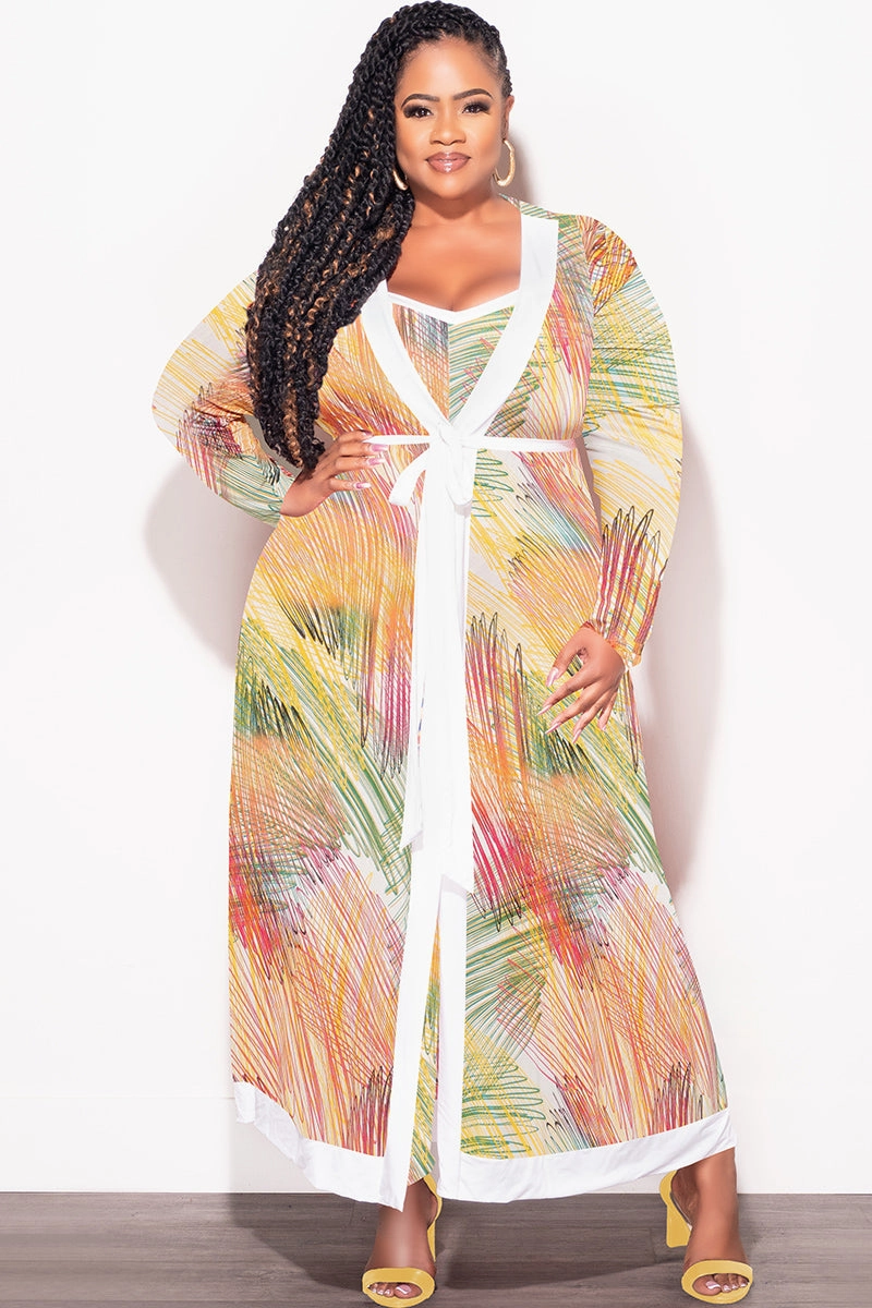 Final Sale Plus Size 2pc Duster & Spaghetti Strap Jumpsuit Set in Multi Color Print Durable Fabric