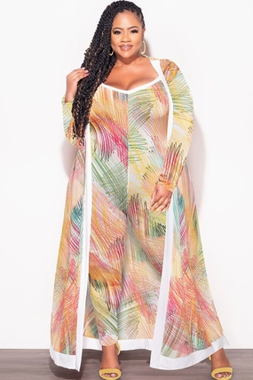 Cool Weather Final Sale Plus Size 2pc Duster & Spaghetti Strap Jumpsuit Set in Multi Color Print