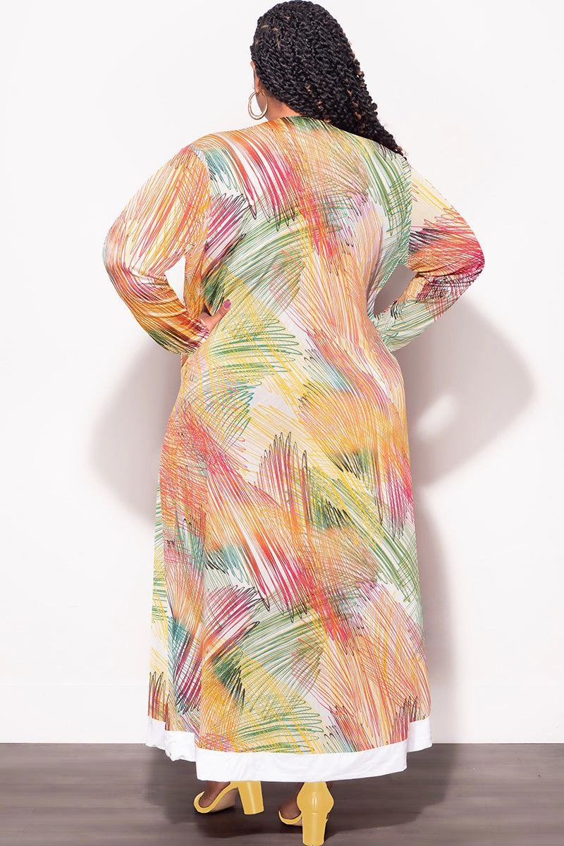 Classic Fit Final Sale Plus Size 2pc Duster & Spaghetti Strap Jumpsuit Set in Multi Color Print