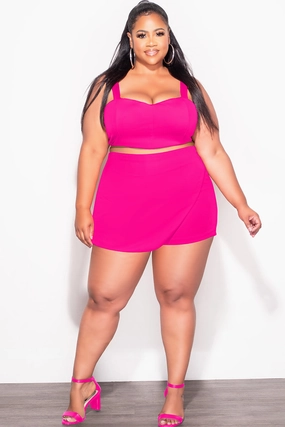Final Sale Plus Size 2pc Strapless Crop Top and Skort Set in Fuchsia Rubberized Hem High-waisted fit