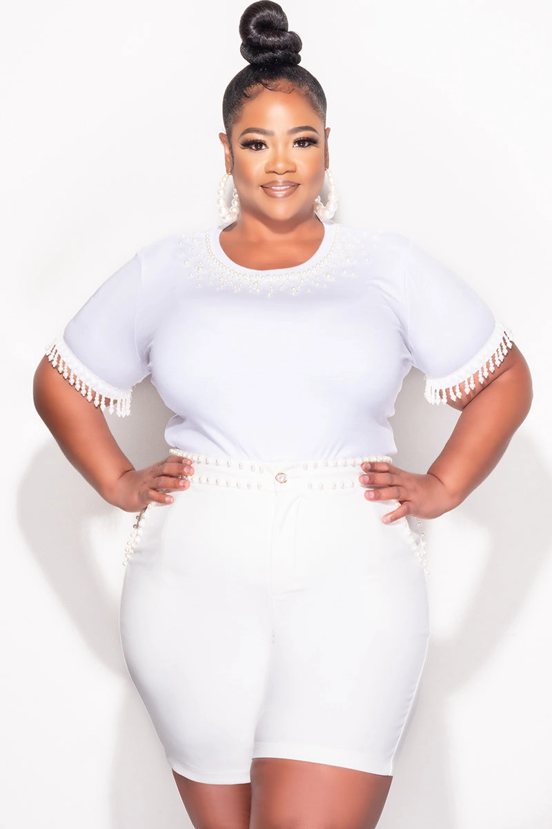 Final Sale Plus Size 2pc Set Pearl Studded Top & Shorts in Ivory Soft Touch Smooth Fabric