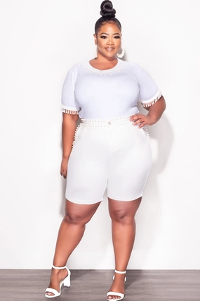 Final Sale Plus Size 2pc Set Pearl Studded Top & Shorts in Ivory Trendy Cut Casual Design