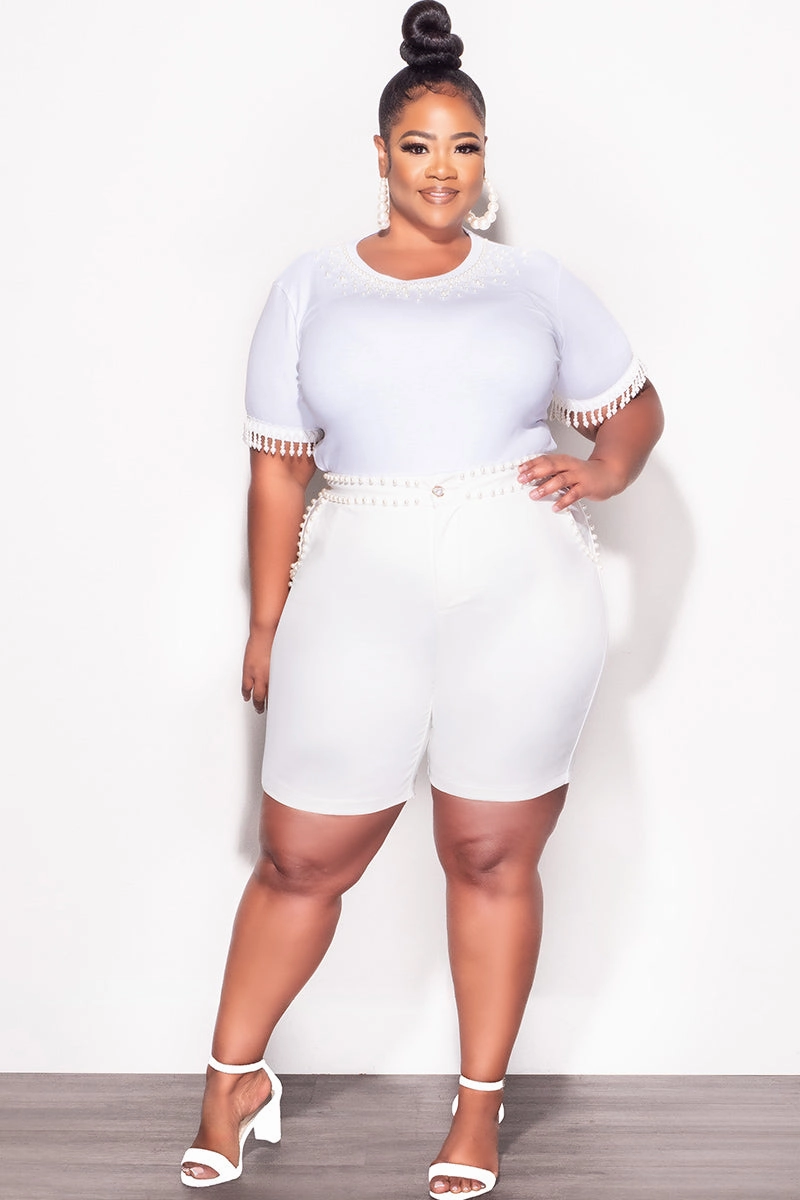 Final Sale Plus Size 2pc Set Pearl Studded Top & Shorts in Ivory Trendy Cut Casual Design