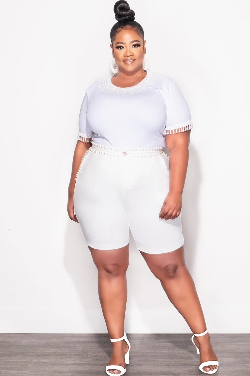 Performance Layer Final Sale Plus Size 2pc Set Pearl Studded Top & Shorts in Ivory
