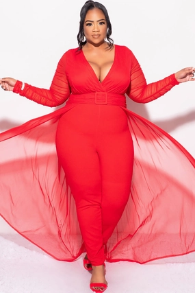 High Collar Protection Design Odor Resistant Technology Final Sale Plus Size Mesh Ruched Sleeve Jumpsuit with Attached Long Skirt in Red