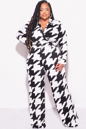 Final Sale Plus Size 2pc Collar Crop Faux Wrap Tie Top and Pants Set in Black & Off White Houndstooth Print Comfortable Layering Durable Activewear