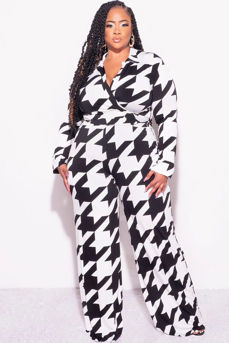 Final Sale Plus Size 2pc Collar Crop Faux Wrap Tie Top and Pants Set in Black & Off White Houndstooth Print Quick-Dry Material