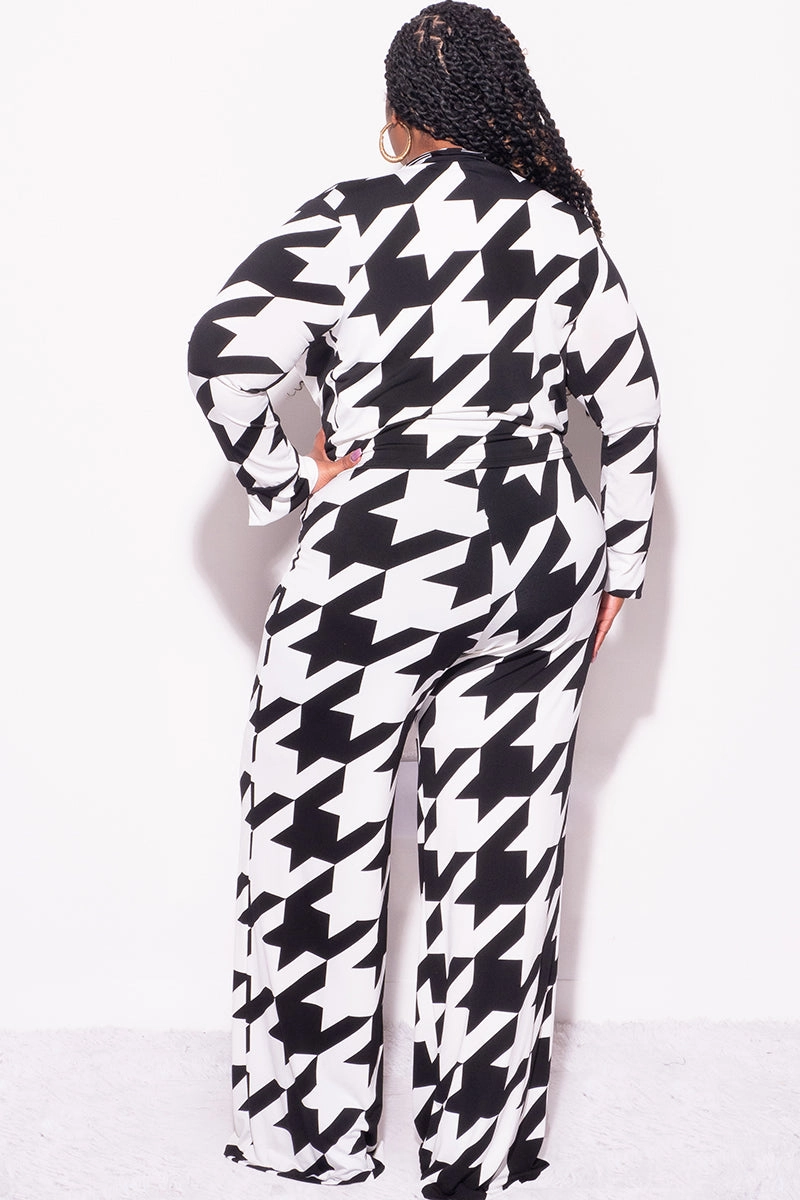 Final Sale Plus Size 2pc Collar Crop Faux Wrap Tie Top and Pants Set in Black & Off White Houndstooth Print Timeless Layers
