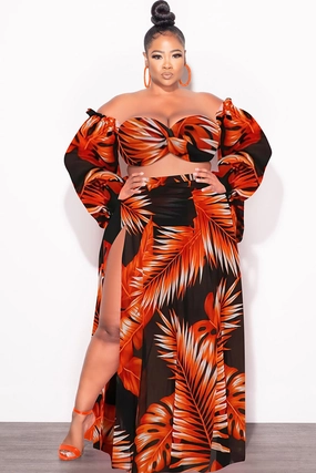 Smart Fit Final Sale Plus Size 3pc Playsuit Set in Burnt Orange Tropical Palm Print