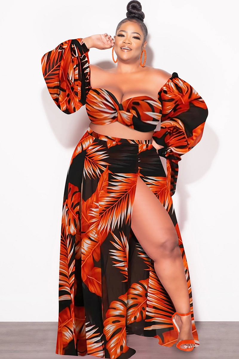 Daywear Final Sale Plus Size 3pc Playsuit Set in Burnt Orange Tropical Palm Print
