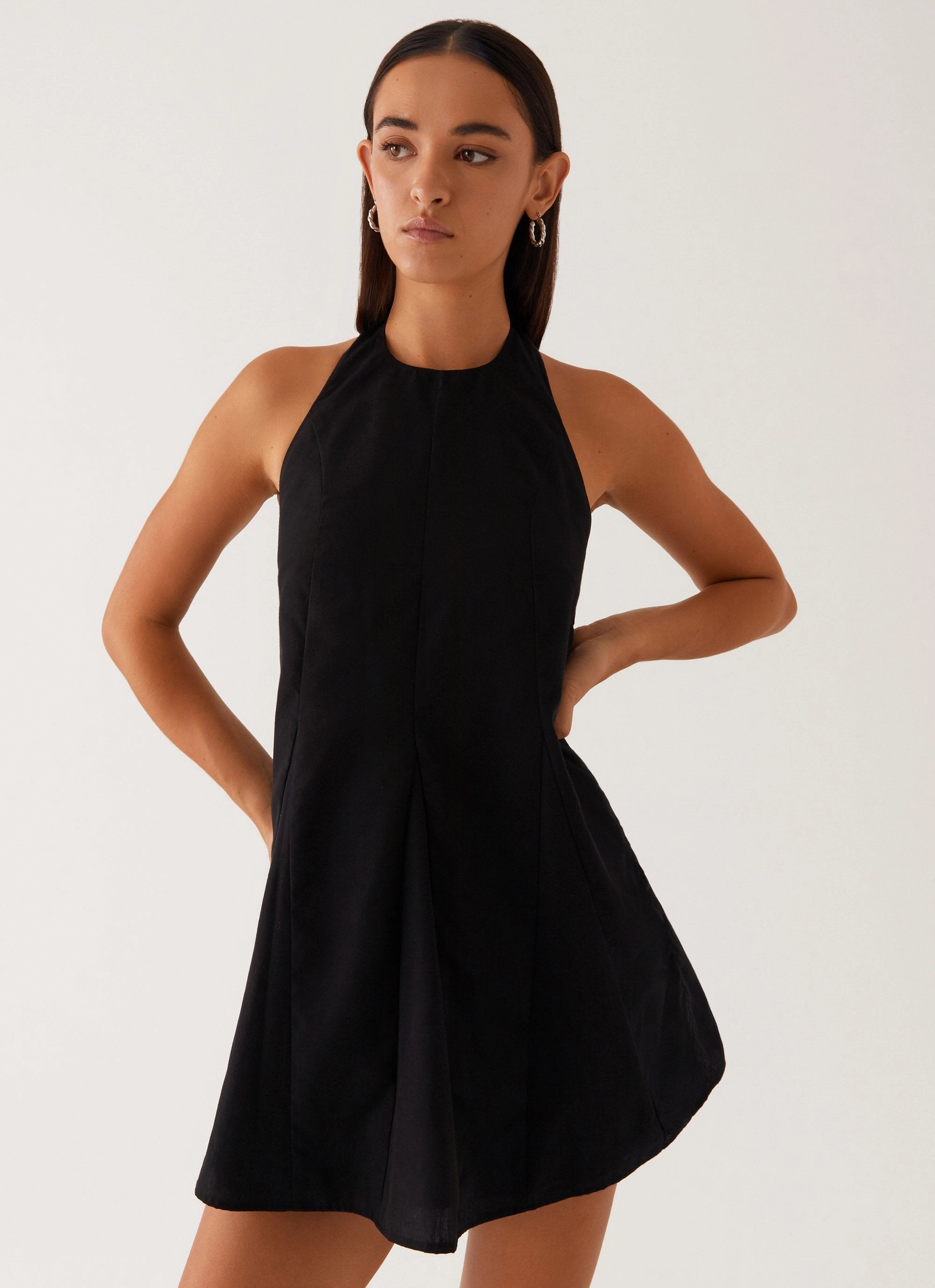 Avalon Halterneck Mini Dress - Black Front-Slit Airy Weave